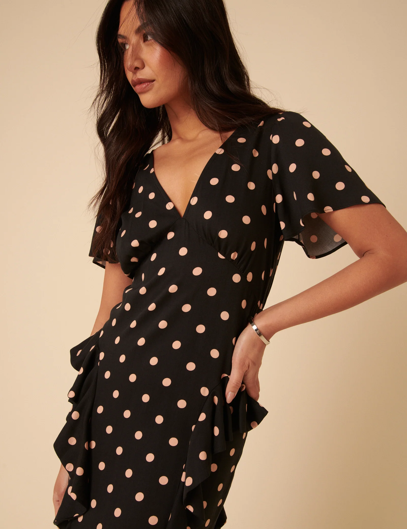 Black Polka Dot Ruffle Lyndsey Midi Dress - Image 2