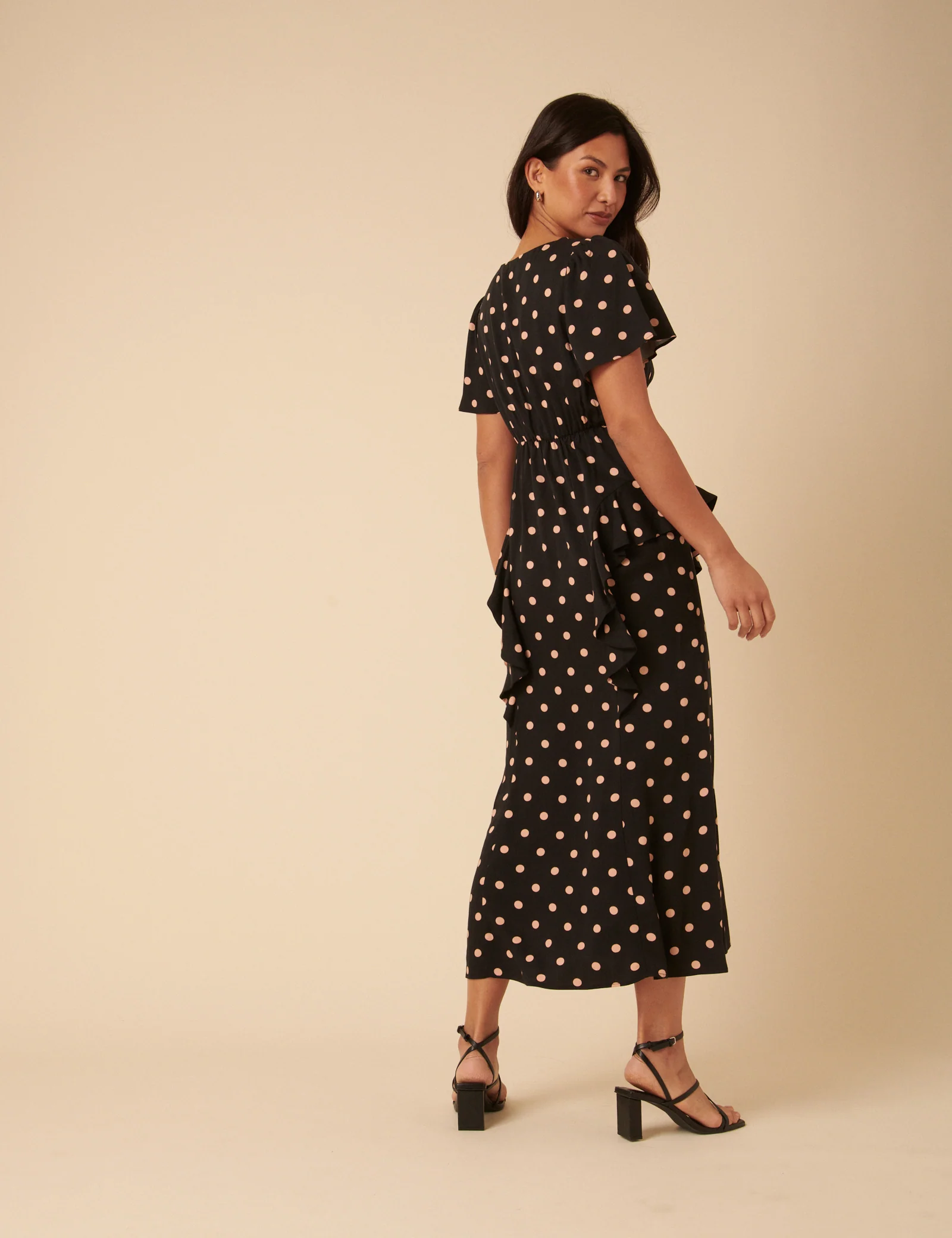 Black Polka Dot Ruffle Lyndsey Midi Dress - Image 4