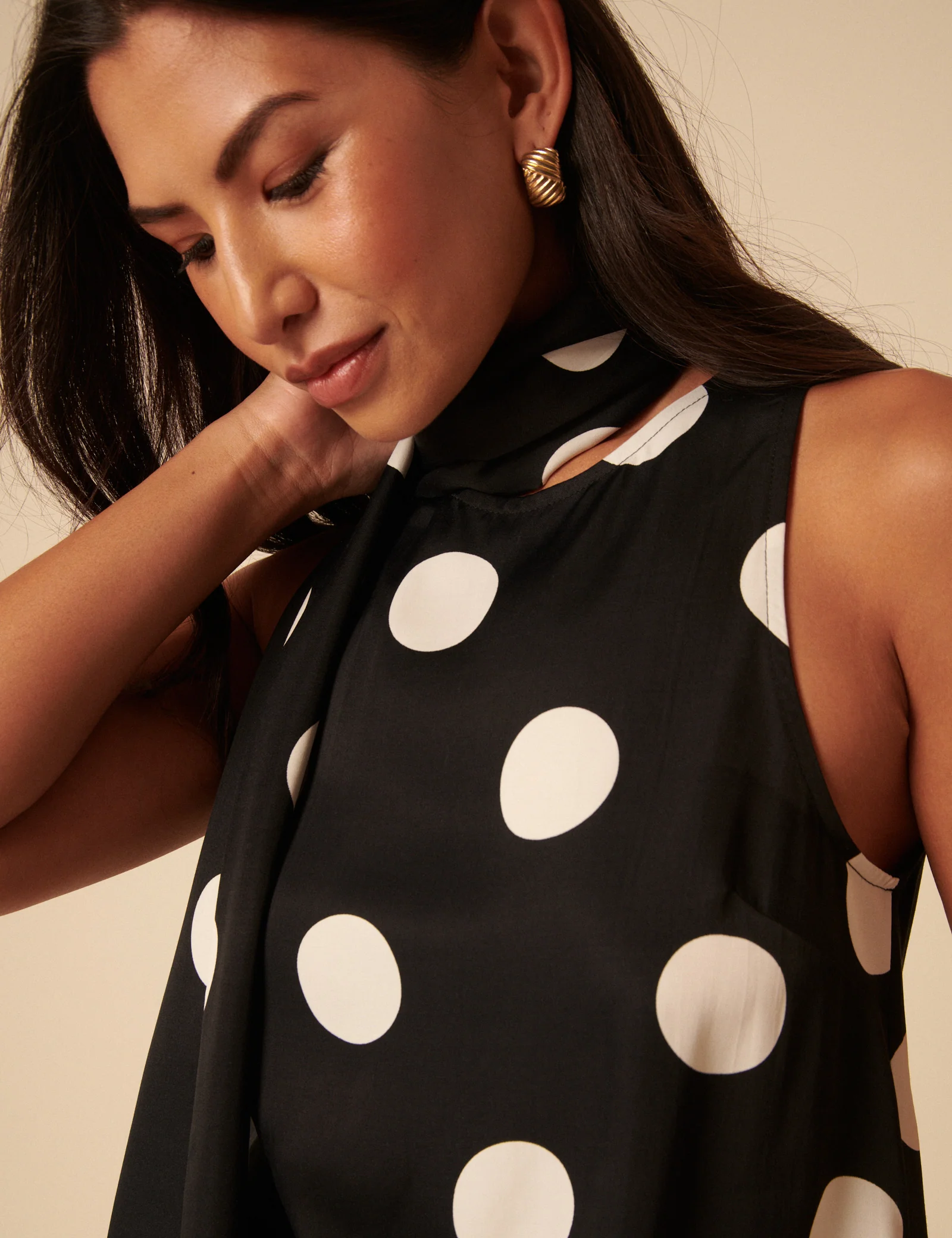 Black Polka Dot Tie Neck Top - Image 2