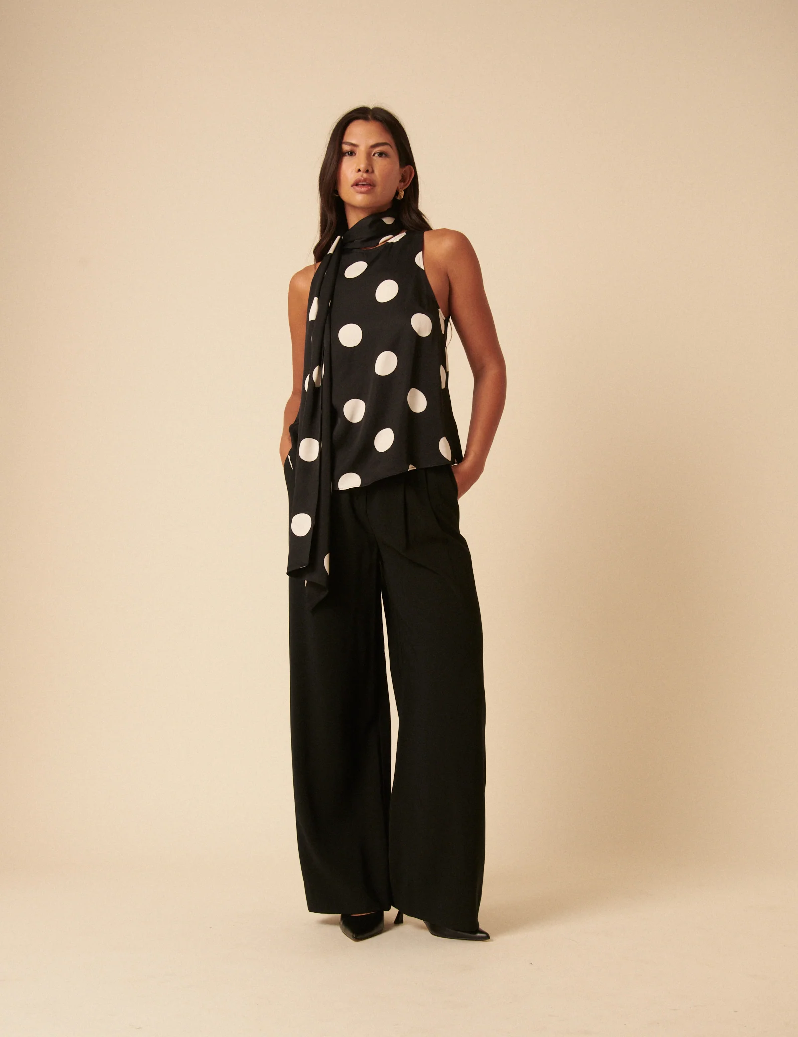 Black Polka Dot Tie Neck Top - Image 3