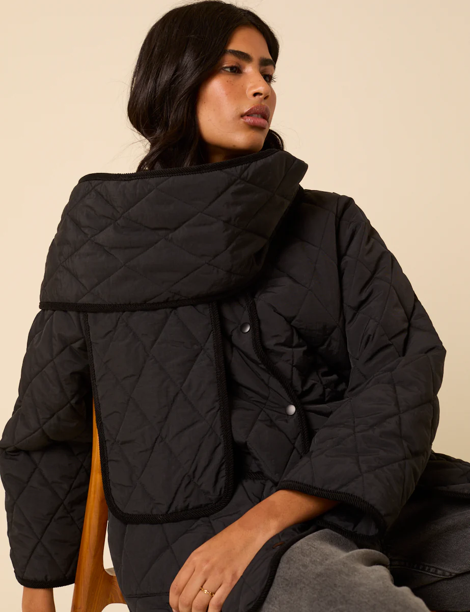 Black Quilted Detachable Scarf Coat - Image 2
