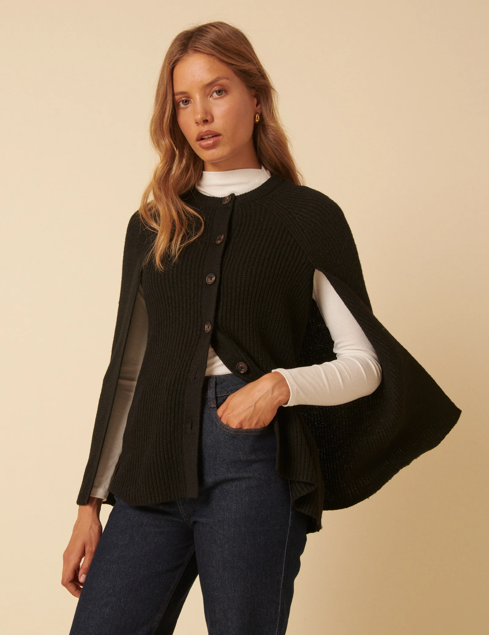 Black Ribbed Cape Cardigan - Image 2