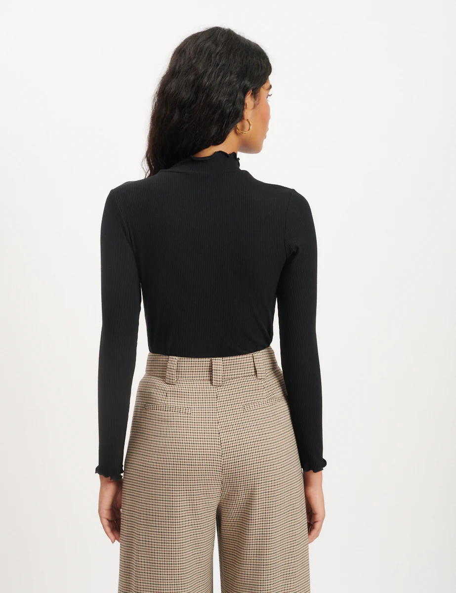 Black Ribbed Funnel Neck Long Sleeve Top - Image 4