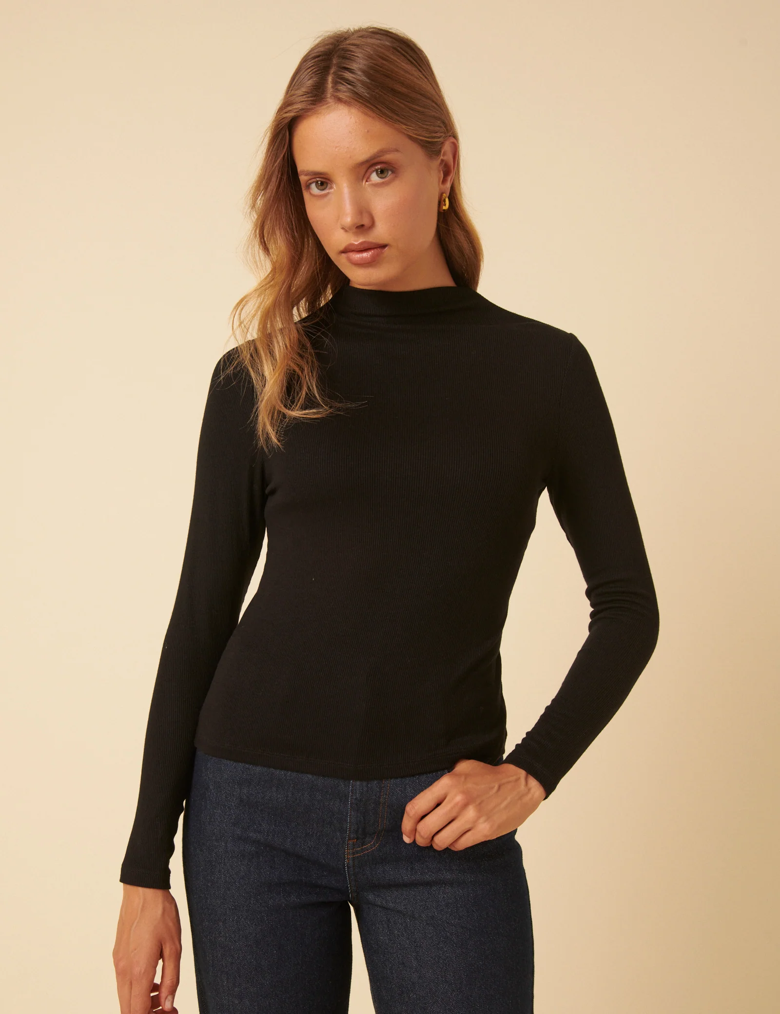 Black Ribbed High Neck Long Sleeve Top - Image 2