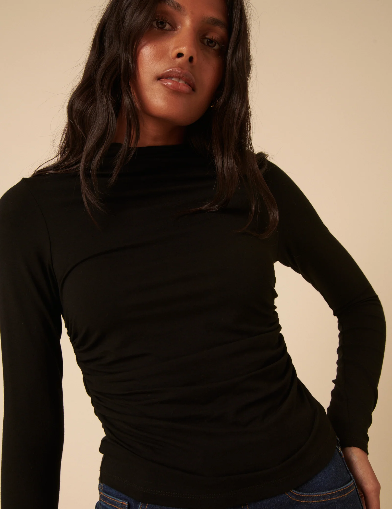 Black Ruched Long Sleeve Top - Image 2