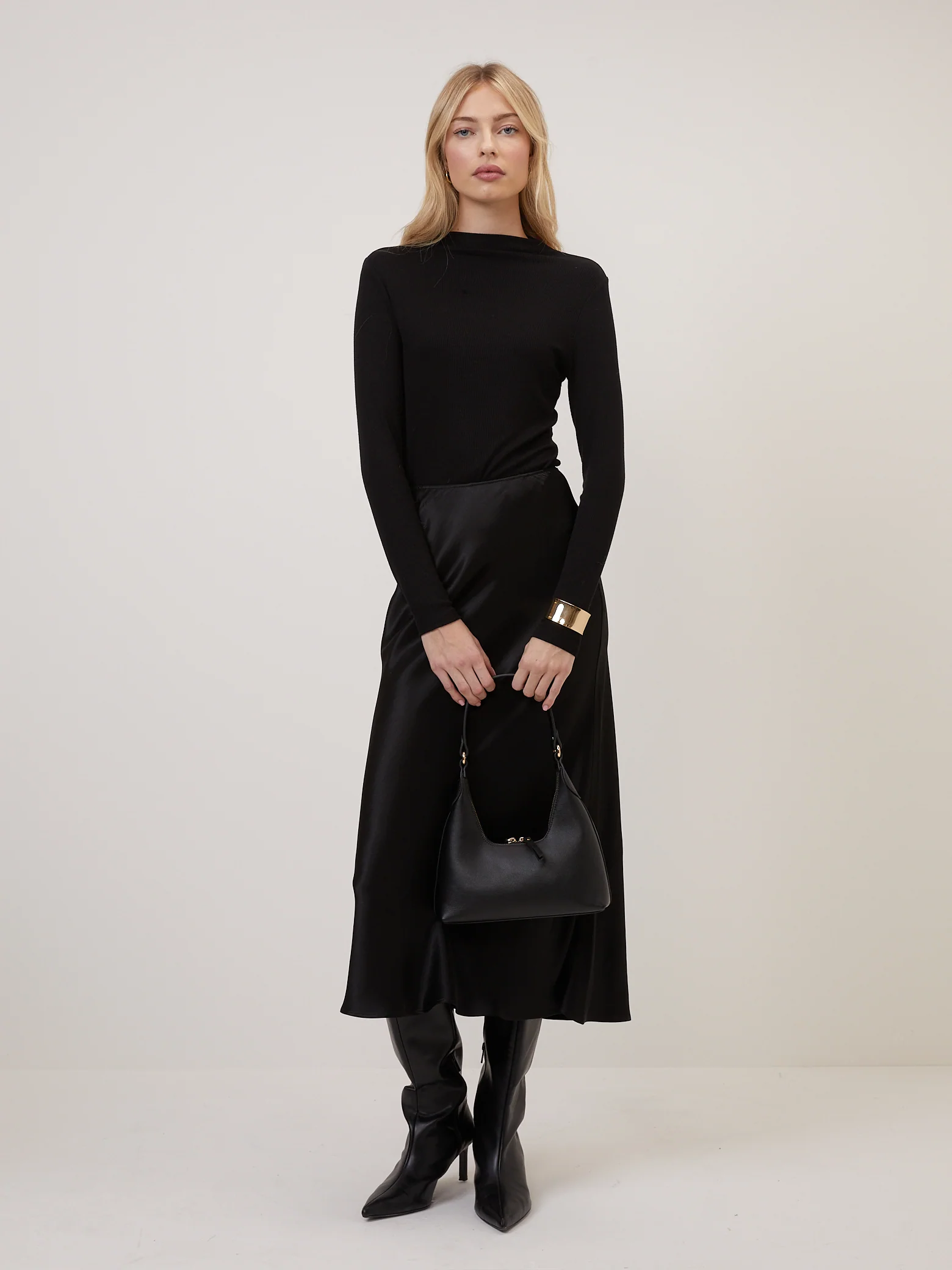 Black Satin Mila Midi Slip Skirt - Image 3