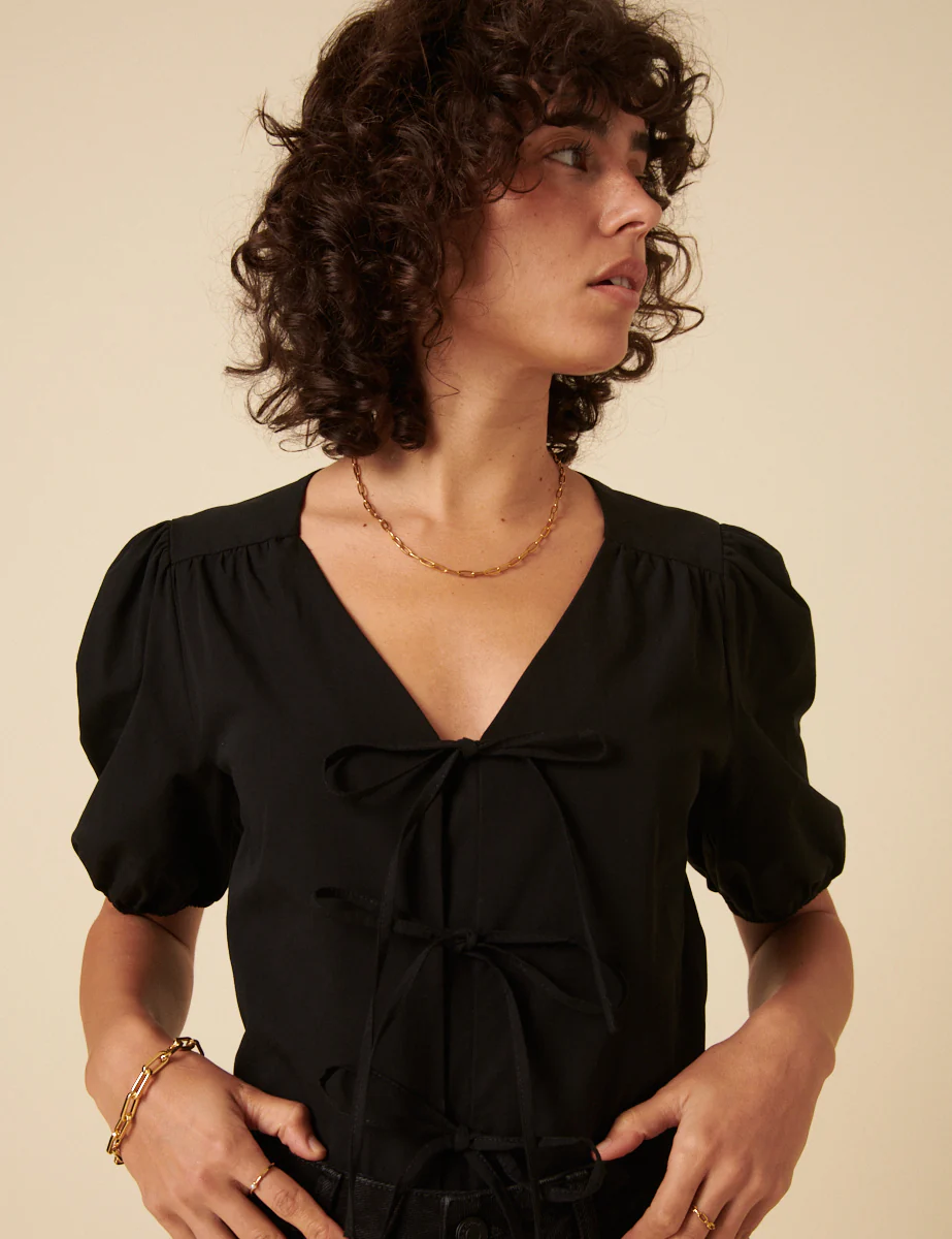 Black Tie-Front Bernadetta Blouse - Image 2