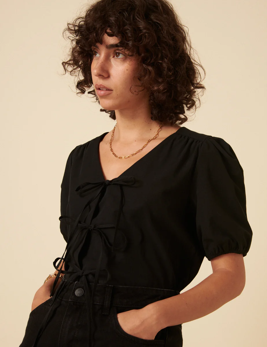 Black Tie-Front Bernadetta Blouse - Image 3