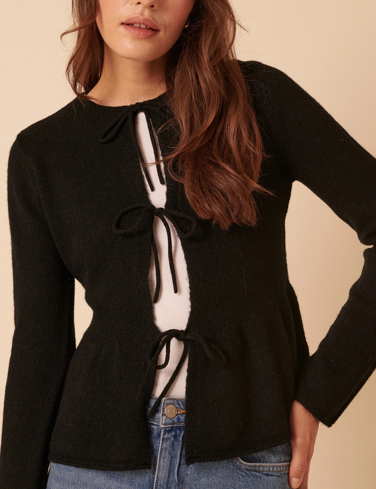 Black Tie Front Peplum Cardigan - Image 2