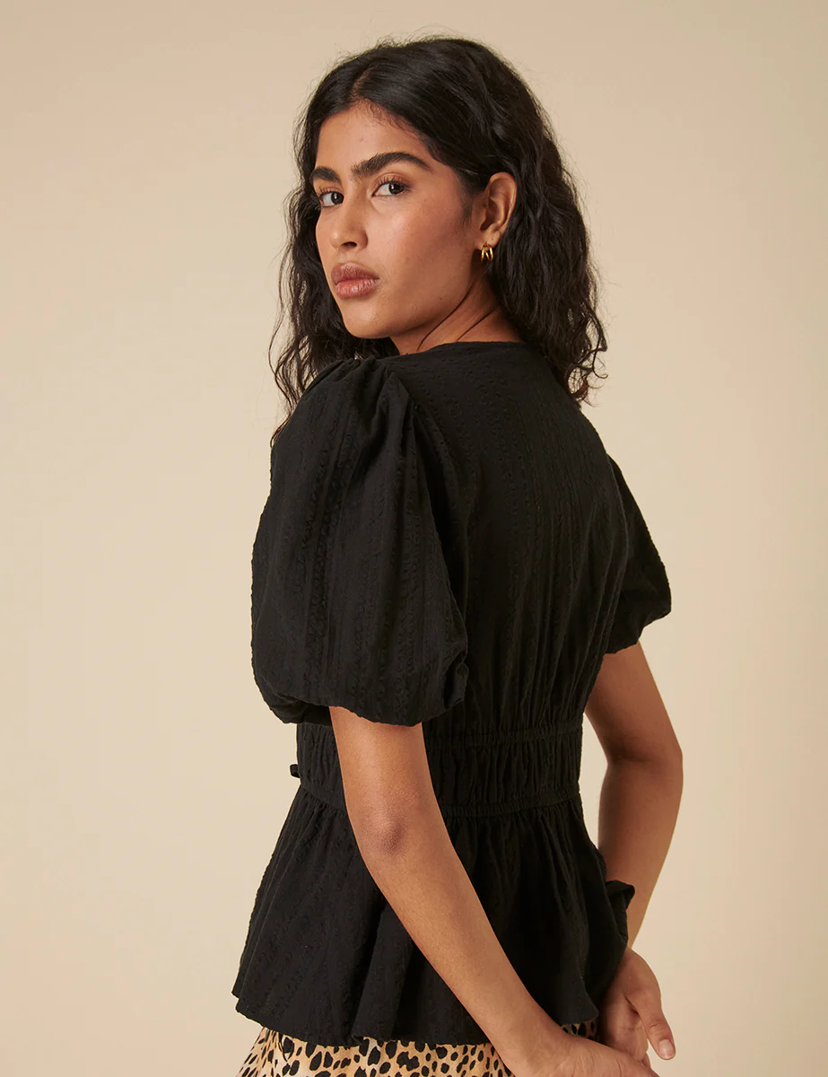 Black Tie Front Puff Sleeve Top - Image 4