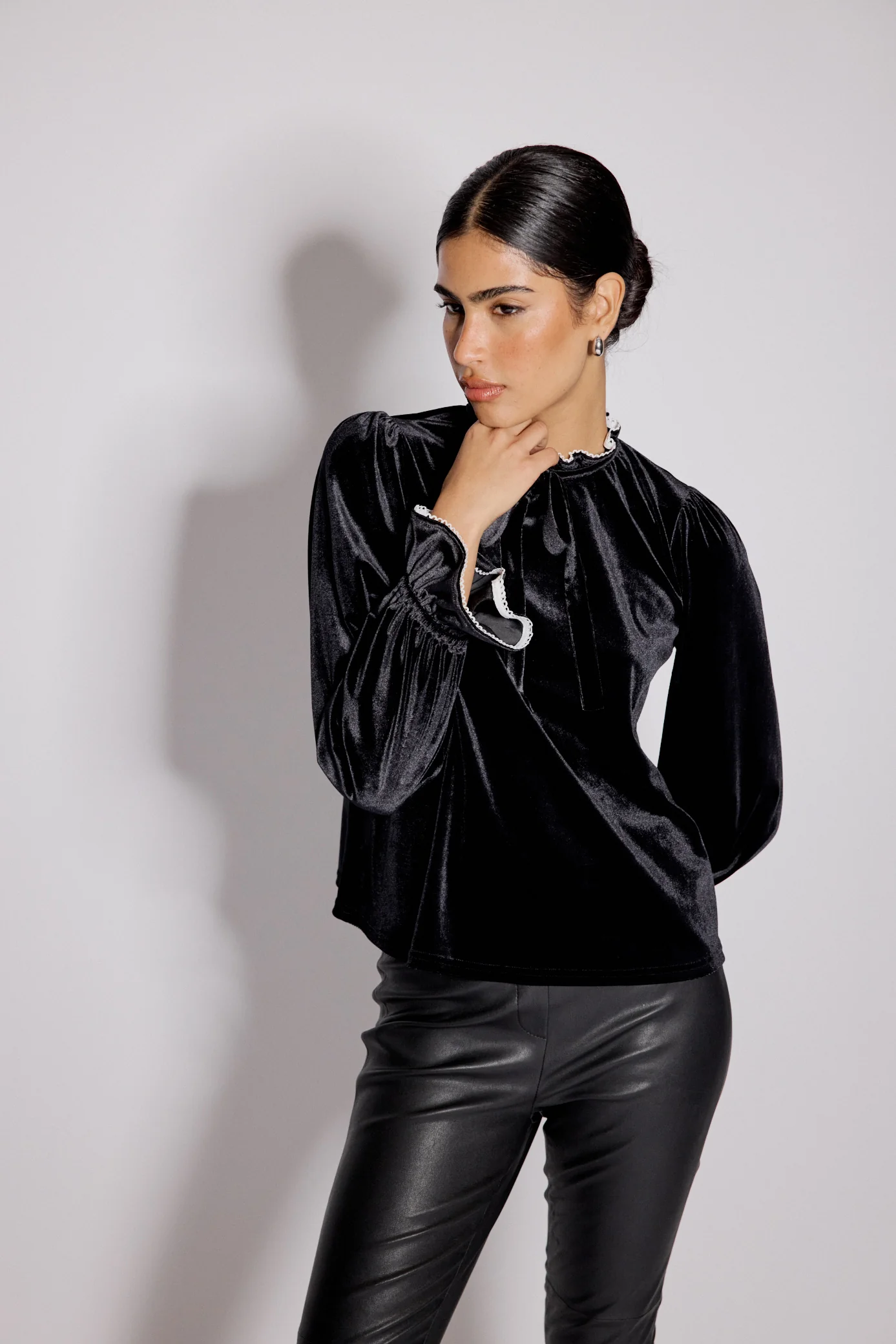 Black Velvet Frill Trim Blouse - Image 3