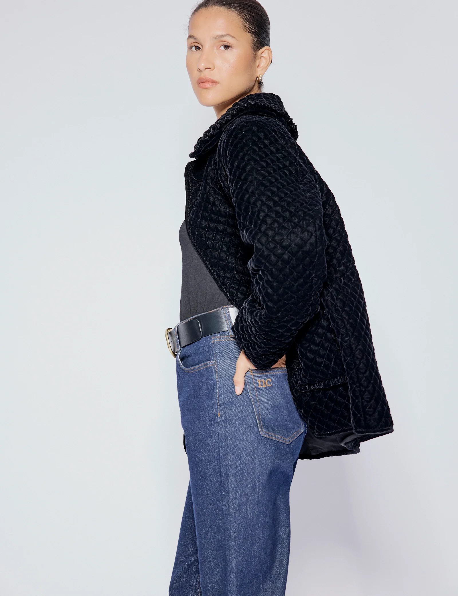 Black Velvet Quilted Collared Jacket - Image 4