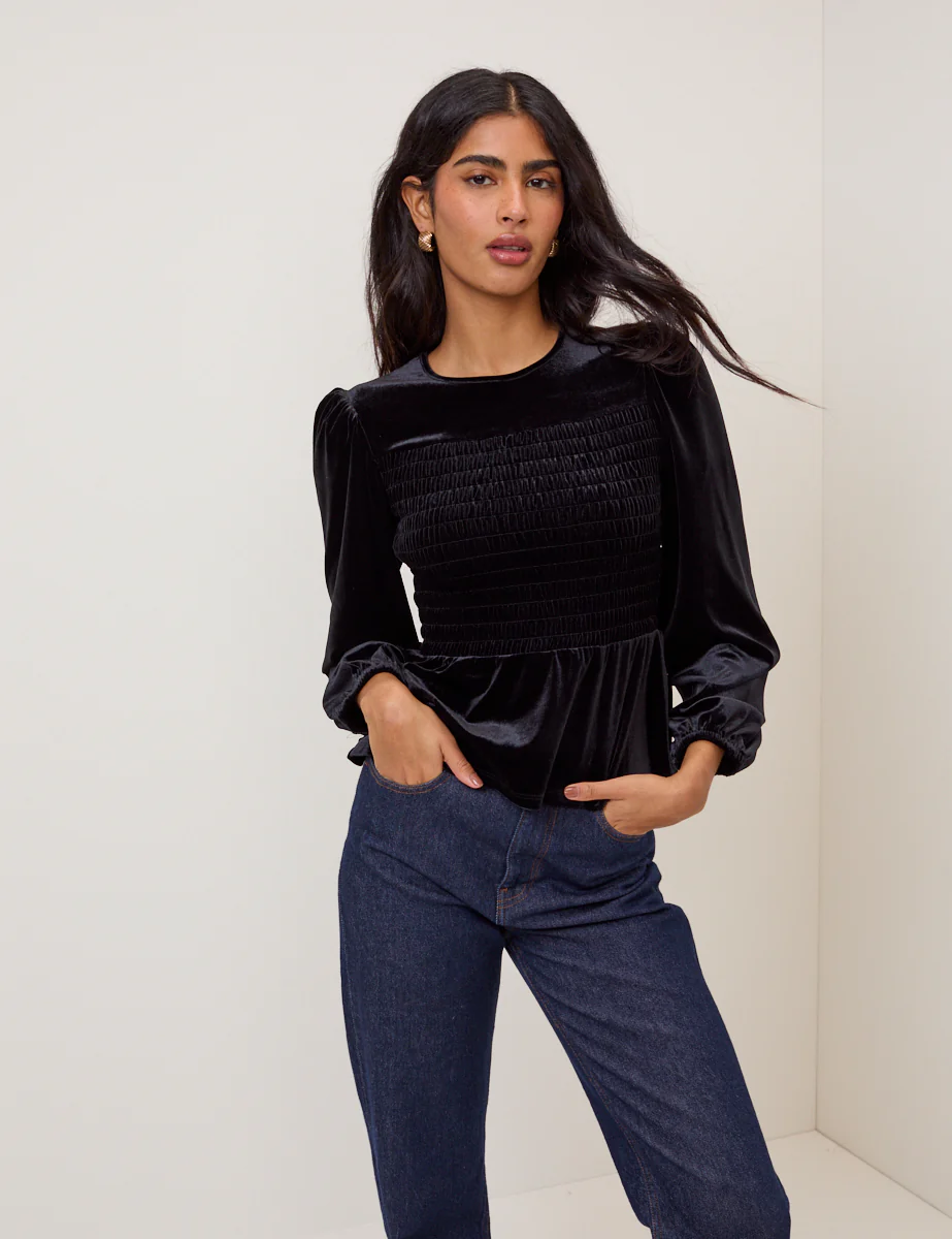 Black Velvet Shirred Balloon Sleeve Top - Image 2