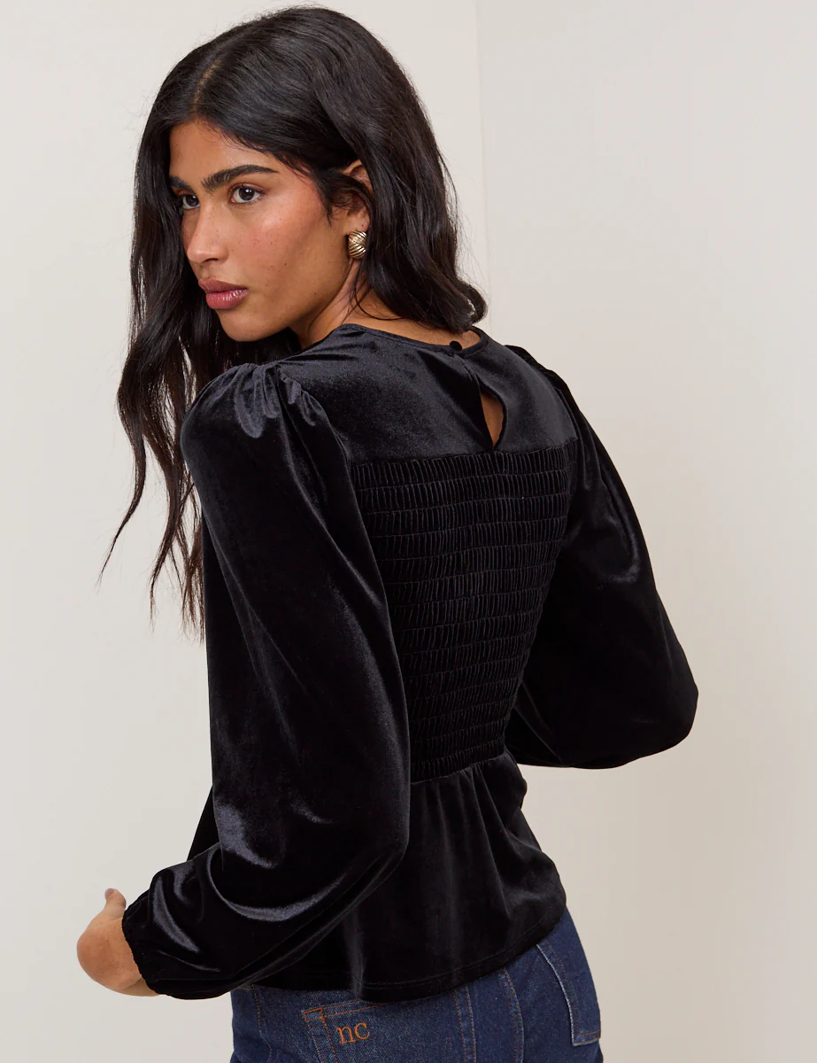 Black Velvet Shirred Balloon Sleeve Top - Image 5