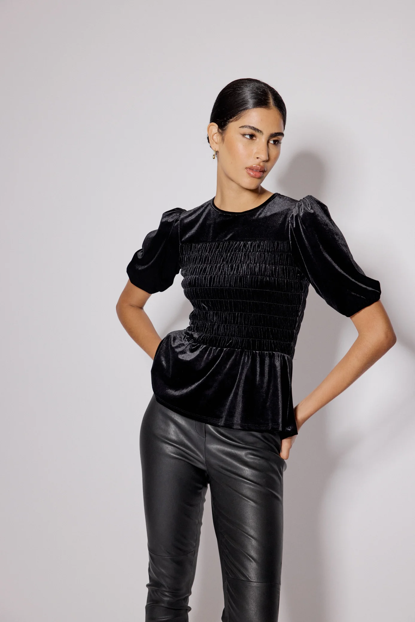 Black Velvet Puff Sleeve Peplum Top - Image 2