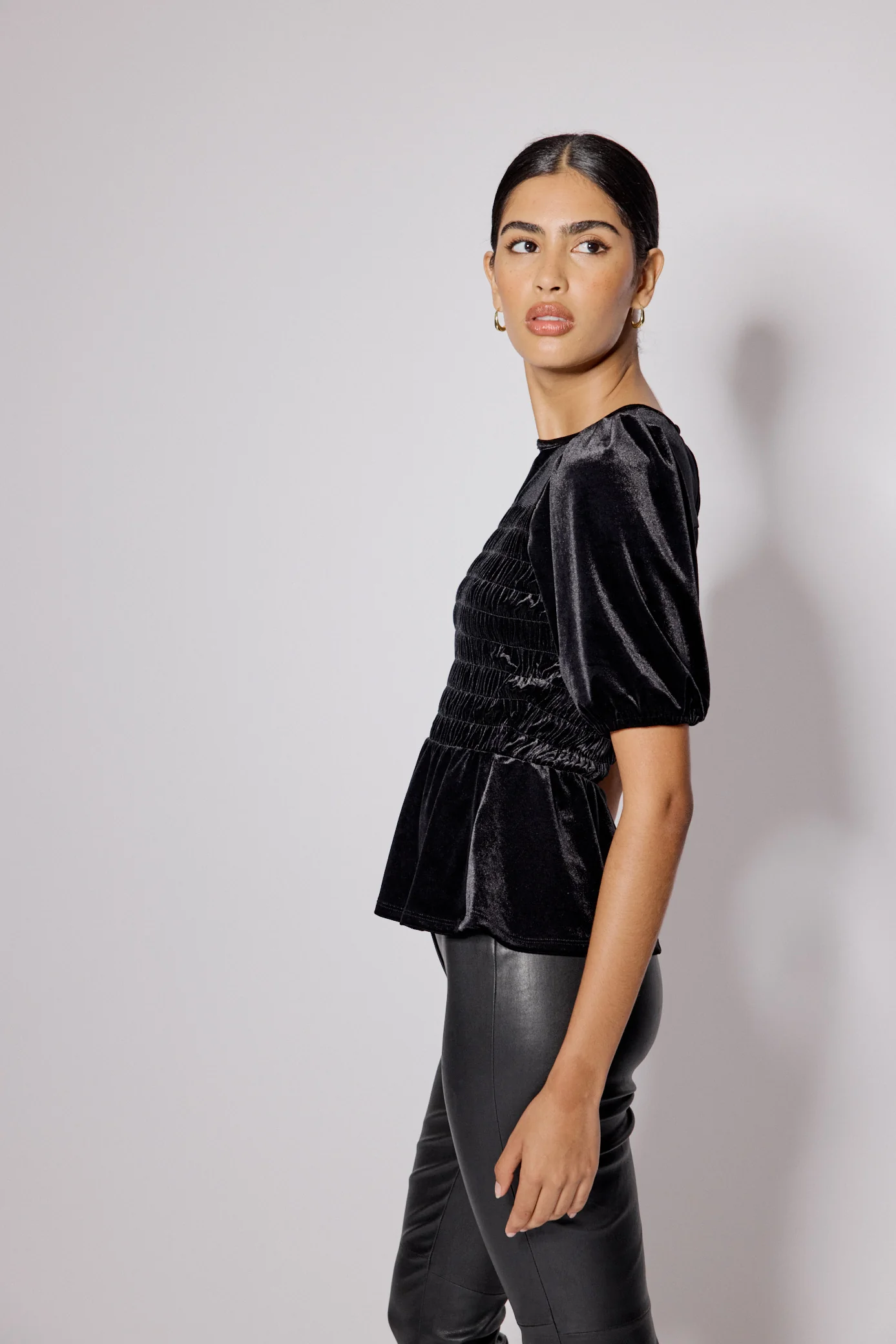 Black Velvet Puff Sleeve Peplum Top - Image 5