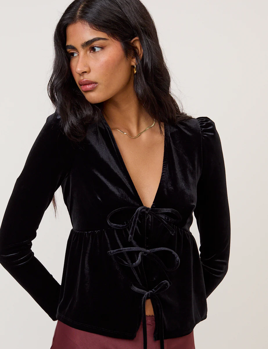 Black Velvet Tie Front Top - Image 4