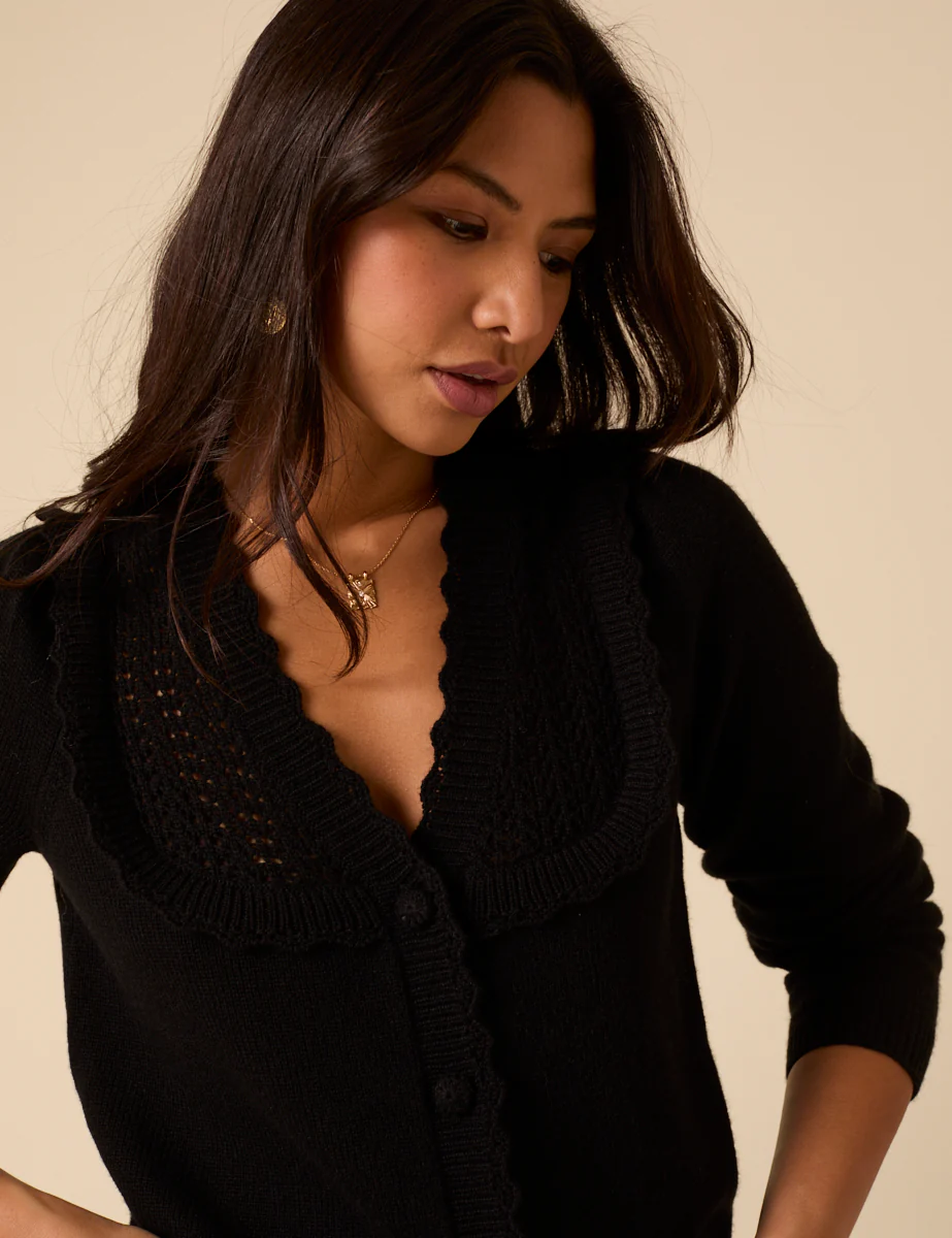 Black Wool Blend Pointelle Knitted Cardigan - Image 3