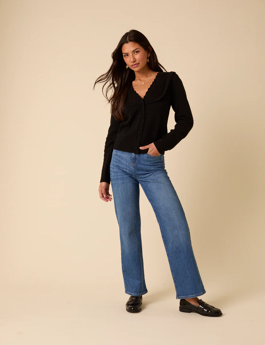 Black Wool Blend Pointelle Knitted Cardigan - Image 4
