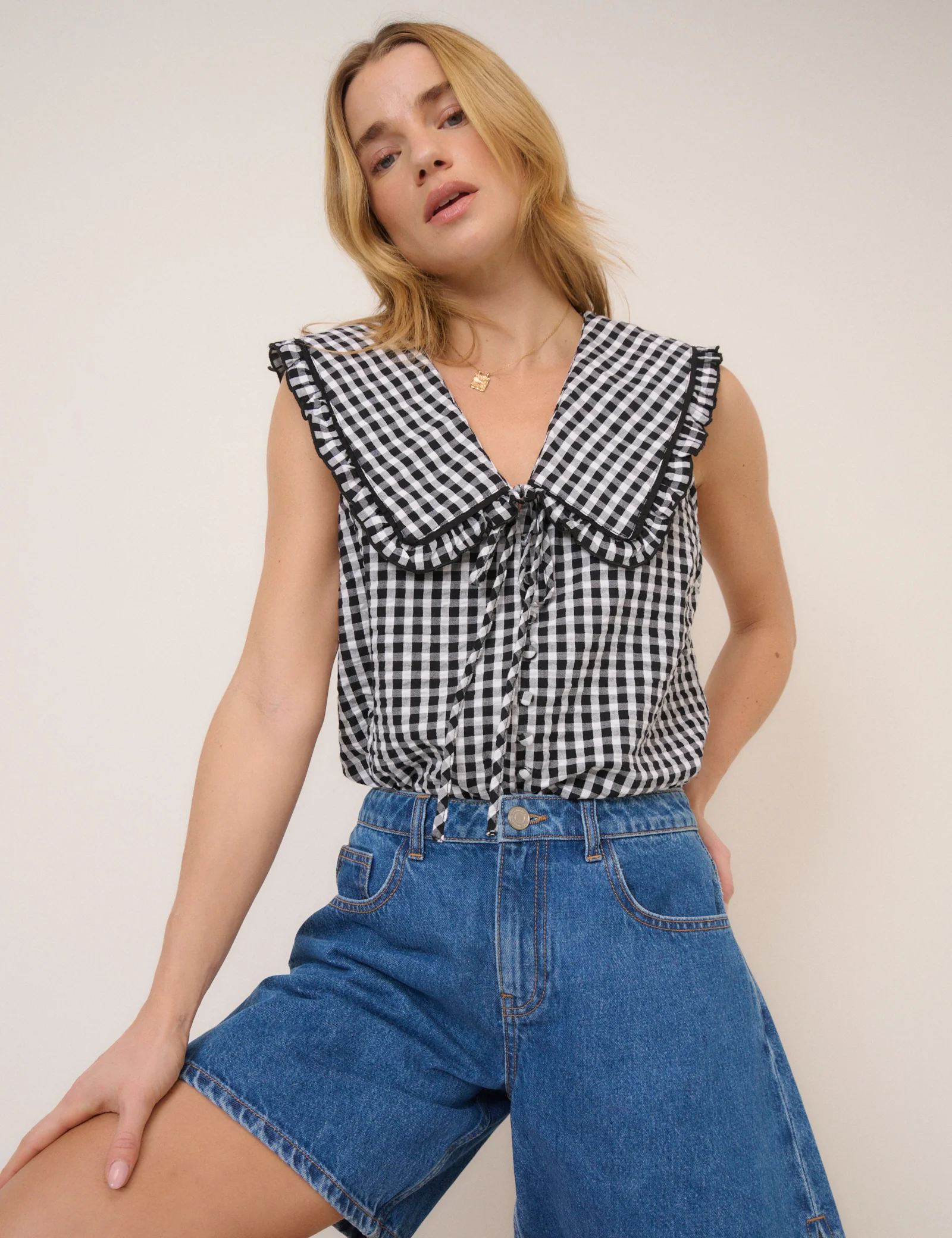 Black Gingham Peter Pan Collar Blouse - Image 3