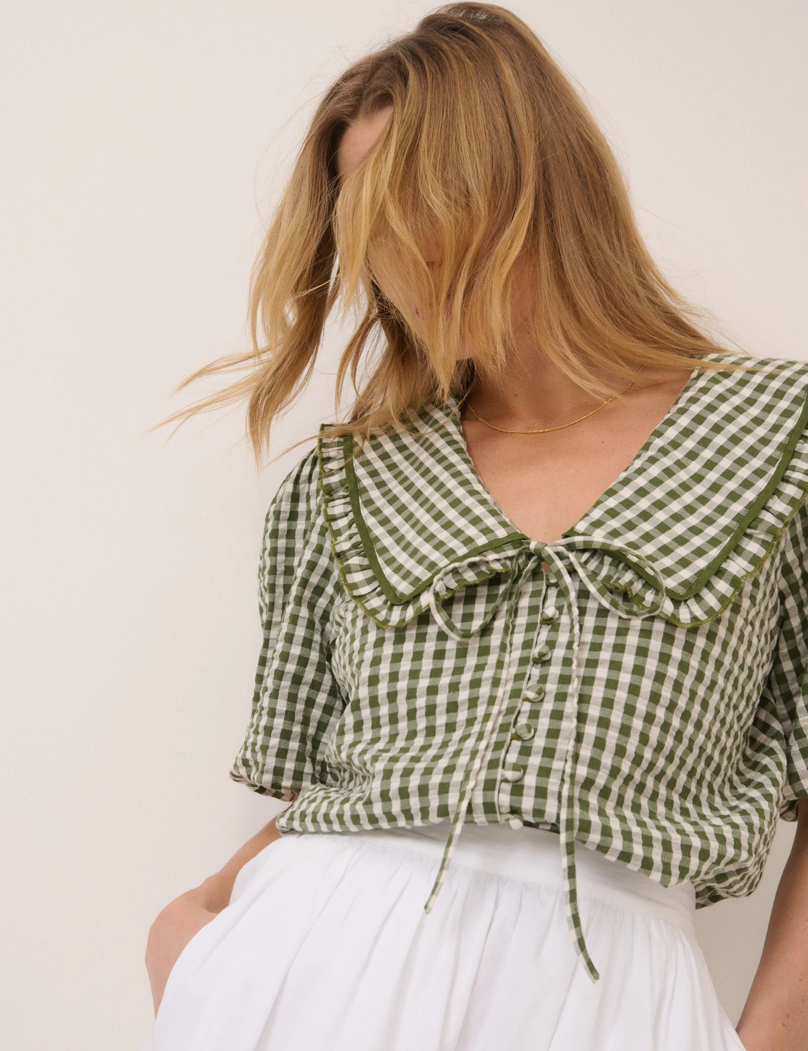 Green Gingham Peter Pan Collar Blouse - Image 4