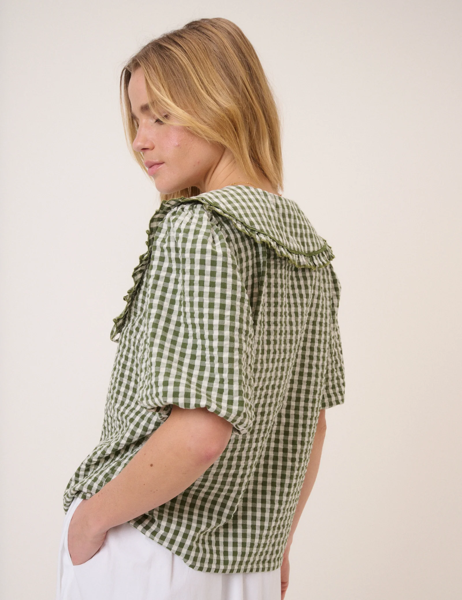 Green Gingham Peter Pan Collar Blouse - Image 5