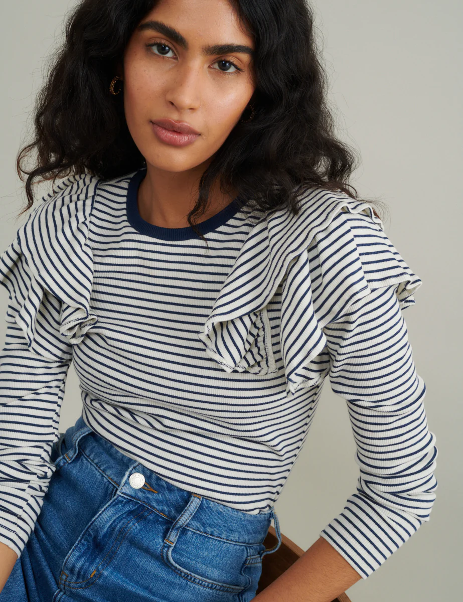 Blue And White Striped Frill Shoulder Top - Image 2