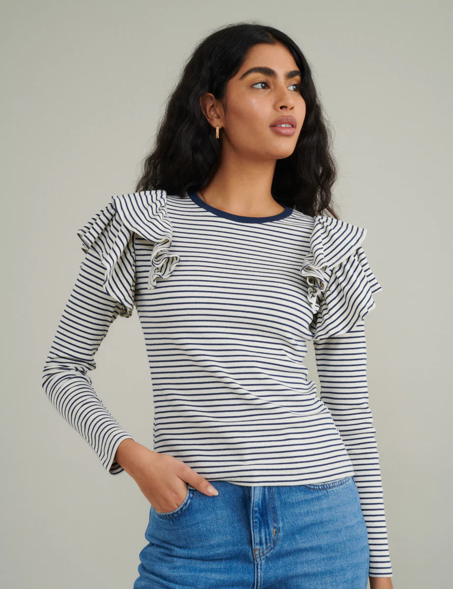 Blue And White Striped Frill Shoulder Top - Image 3