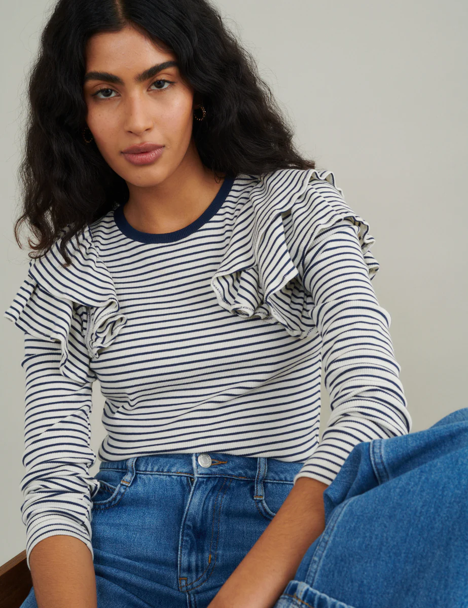 Blue And White Striped Frill Shoulder Top - Image 4