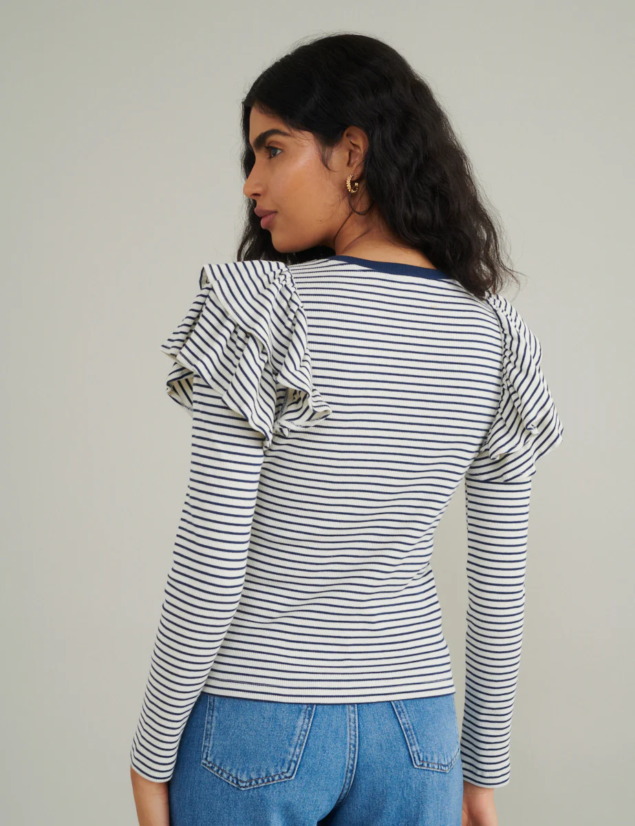 Blue And White Striped Frill Shoulder Top - Image 5