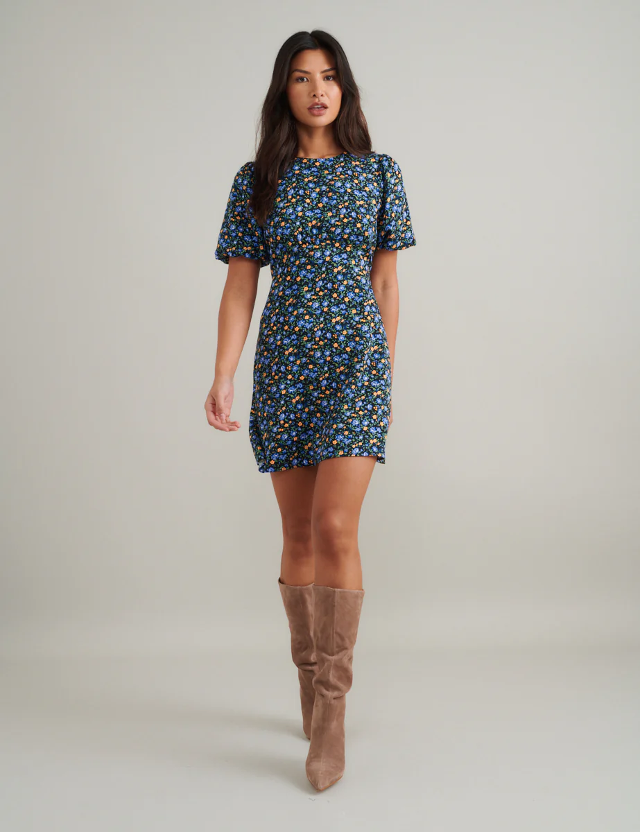 Blue and Yellow Ditsy Floral Benita Mini Dress - Image 3