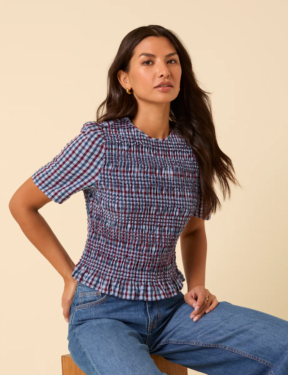 Blue and Red Gingham Shirred Top - Image 3