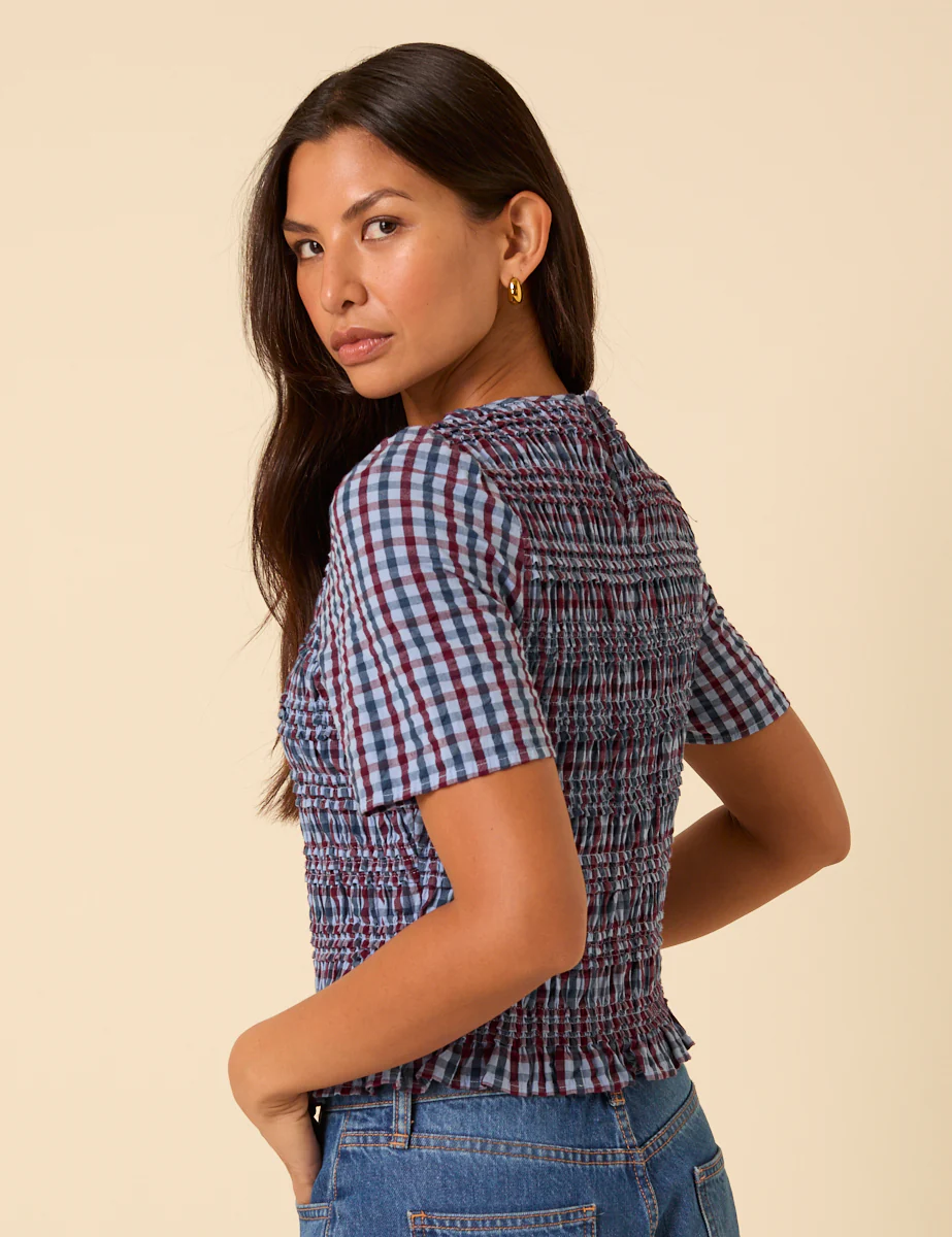 Blue and Red Gingham Shirred Top - Image 5
