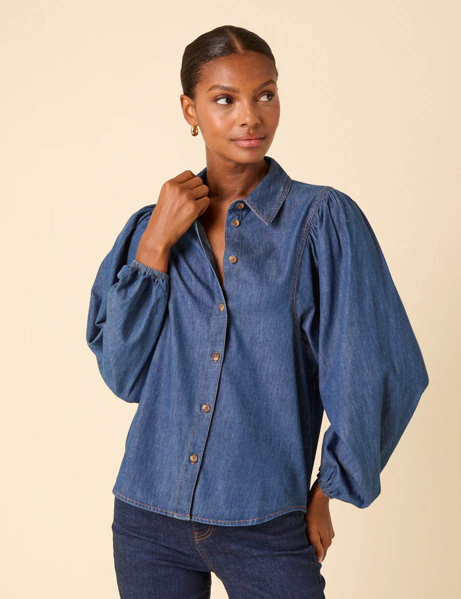 Blue Denim Balloon Sleeve Blouse - Image 3