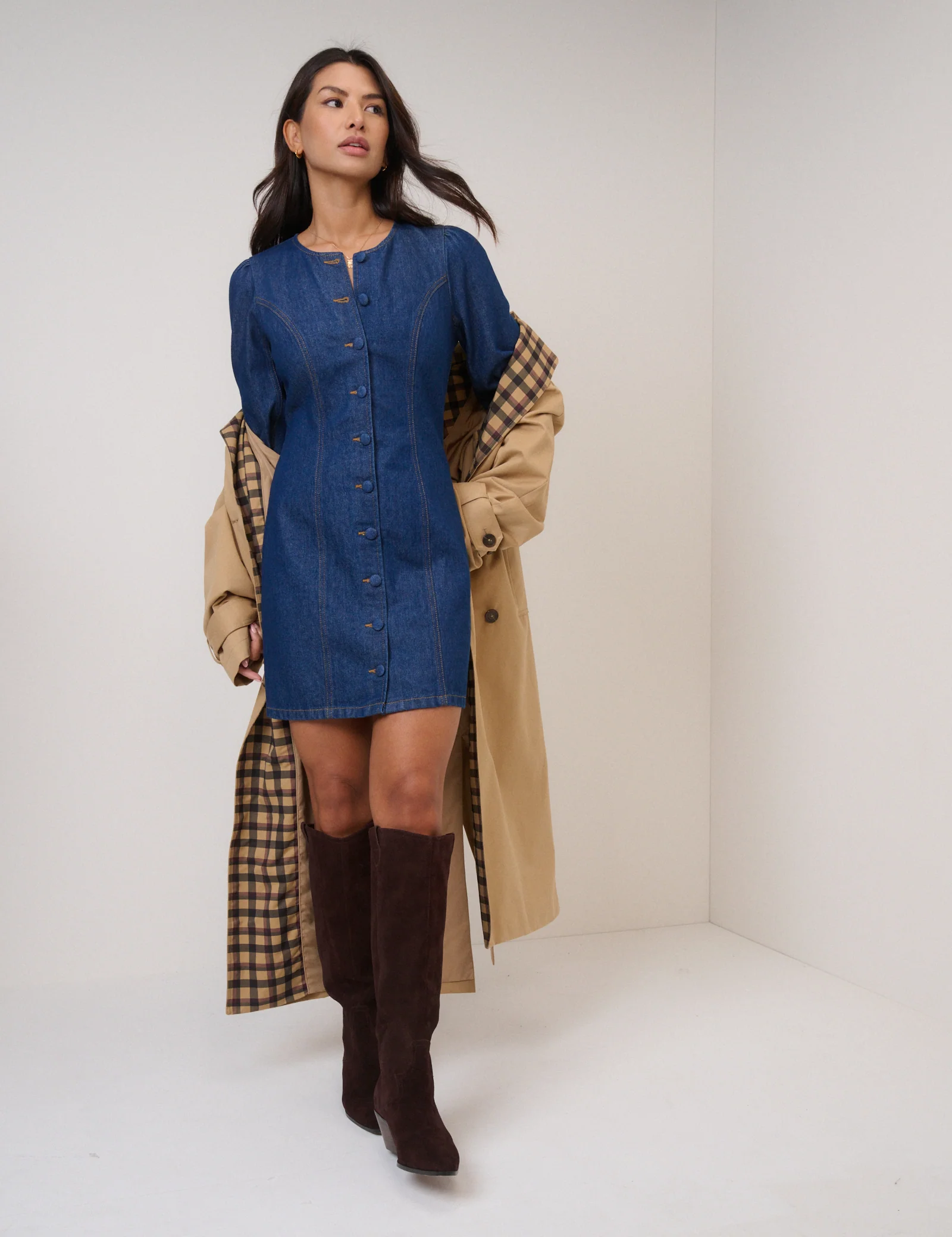 Blue Denim Balloon Sleeve Gemini Shift Mini Dress - Image 2
