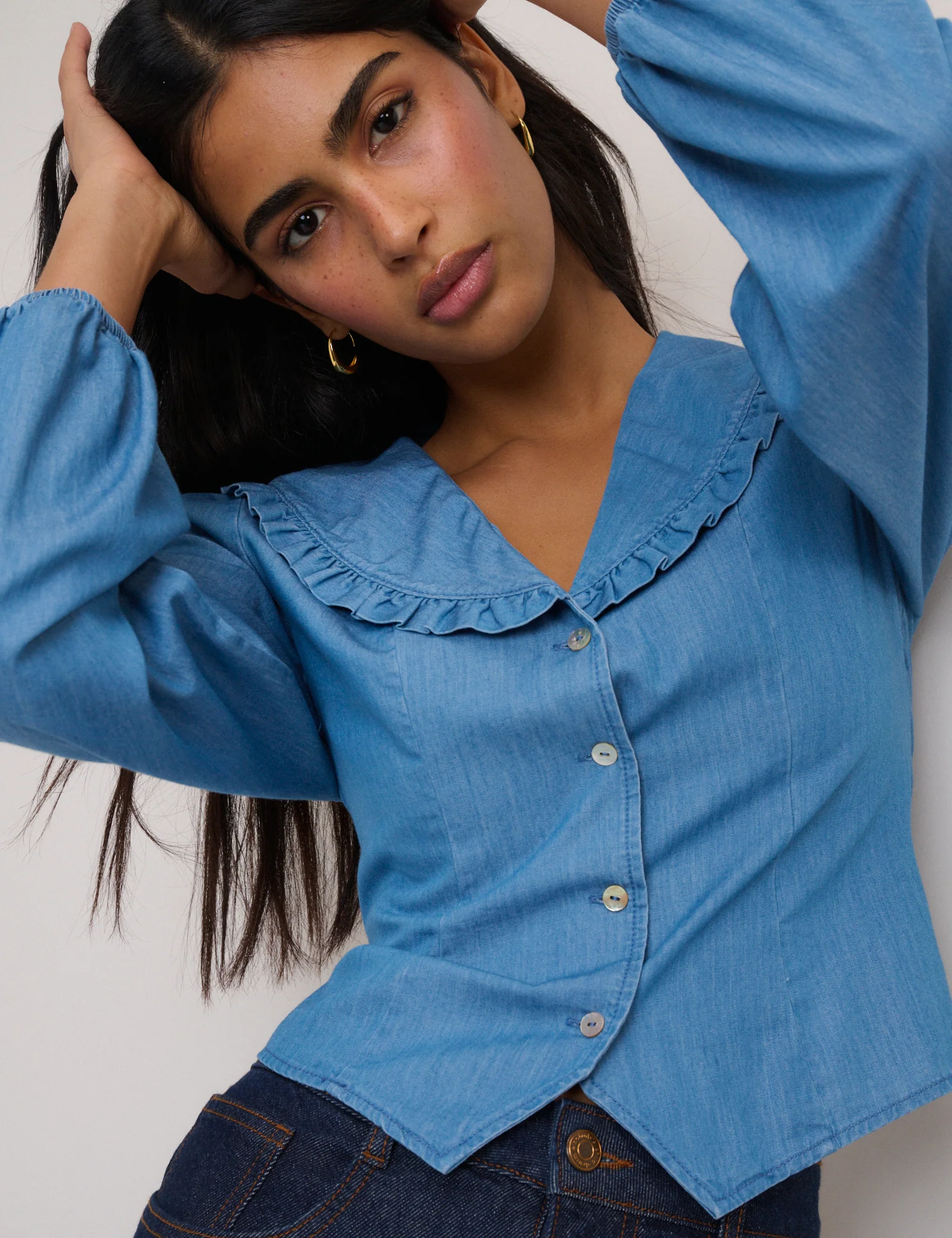 Blue Denim Frill Long Sleeve Blouse - Image 4