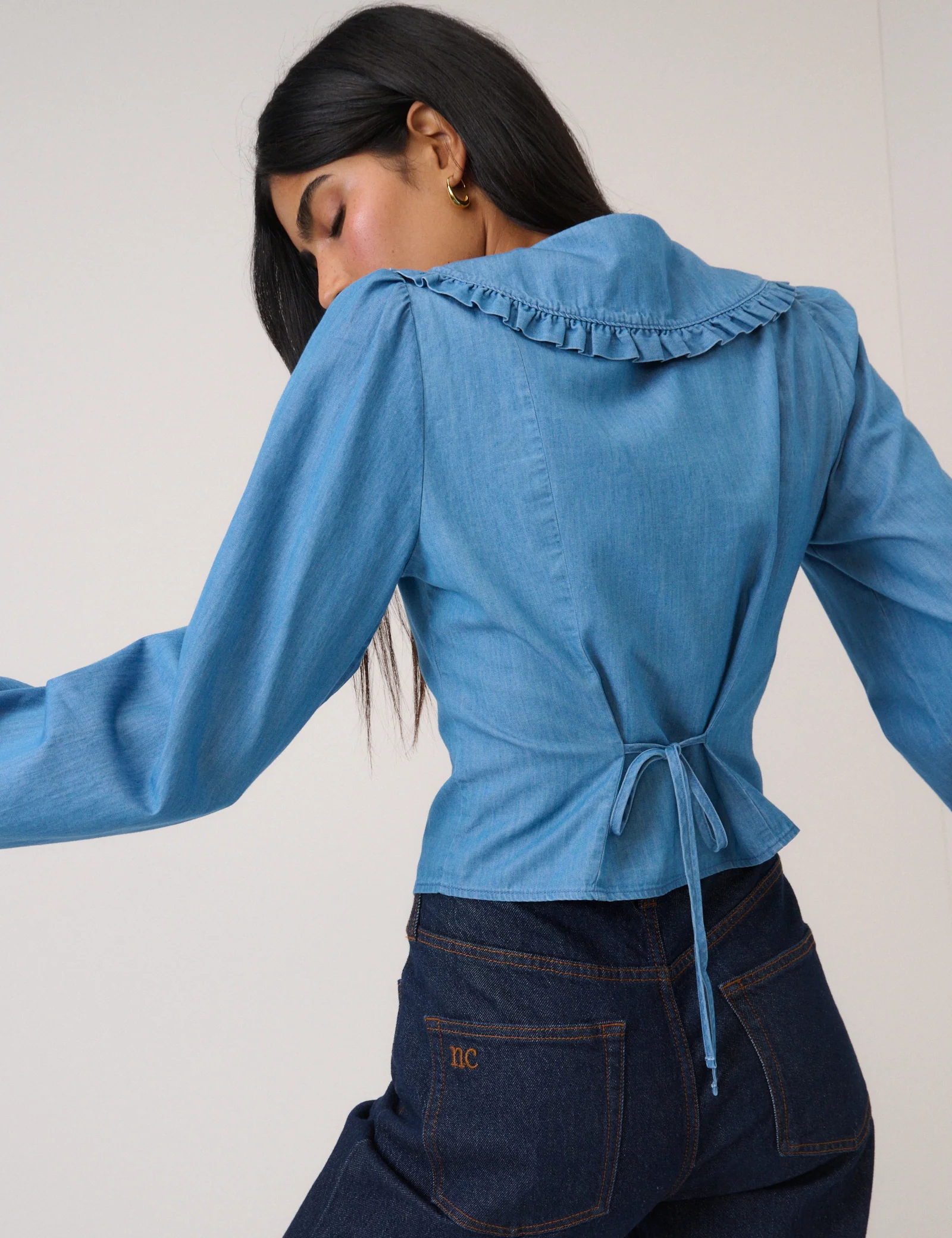 Blue Denim Frill Long Sleeve Blouse - Image 5