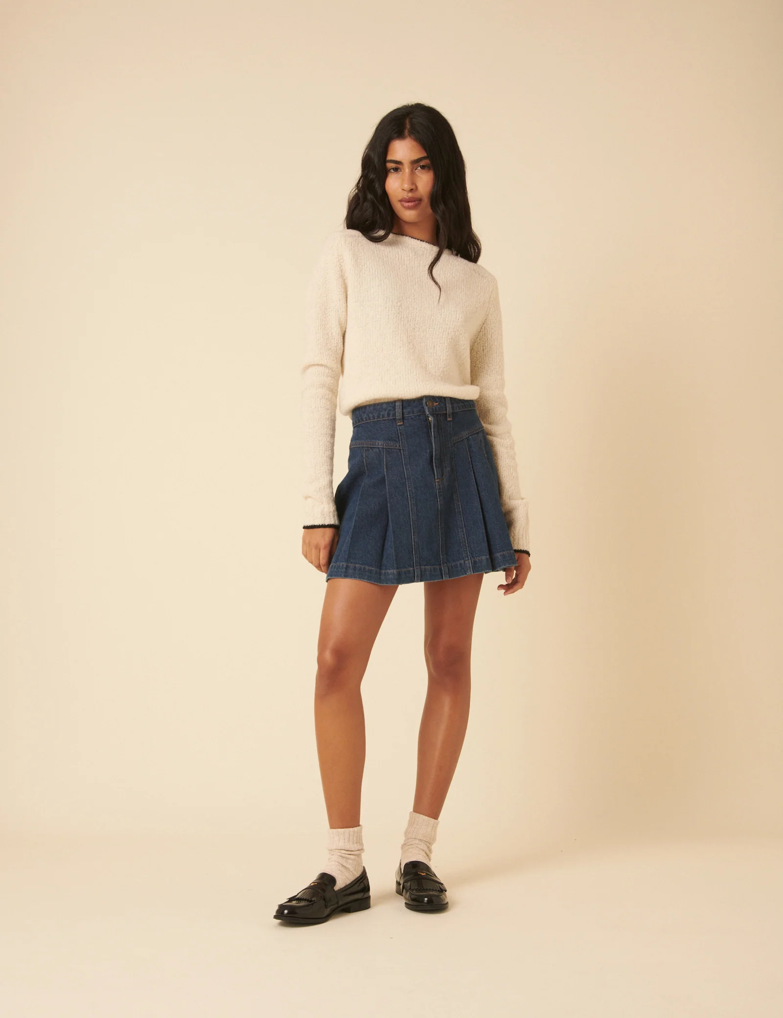 Dark Blue Denim Pleated Mini Skirt - Image 4