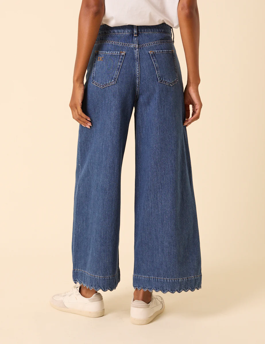 Blue High Rise Scallop Trim Cropped Palazzo Jeans - Image 3