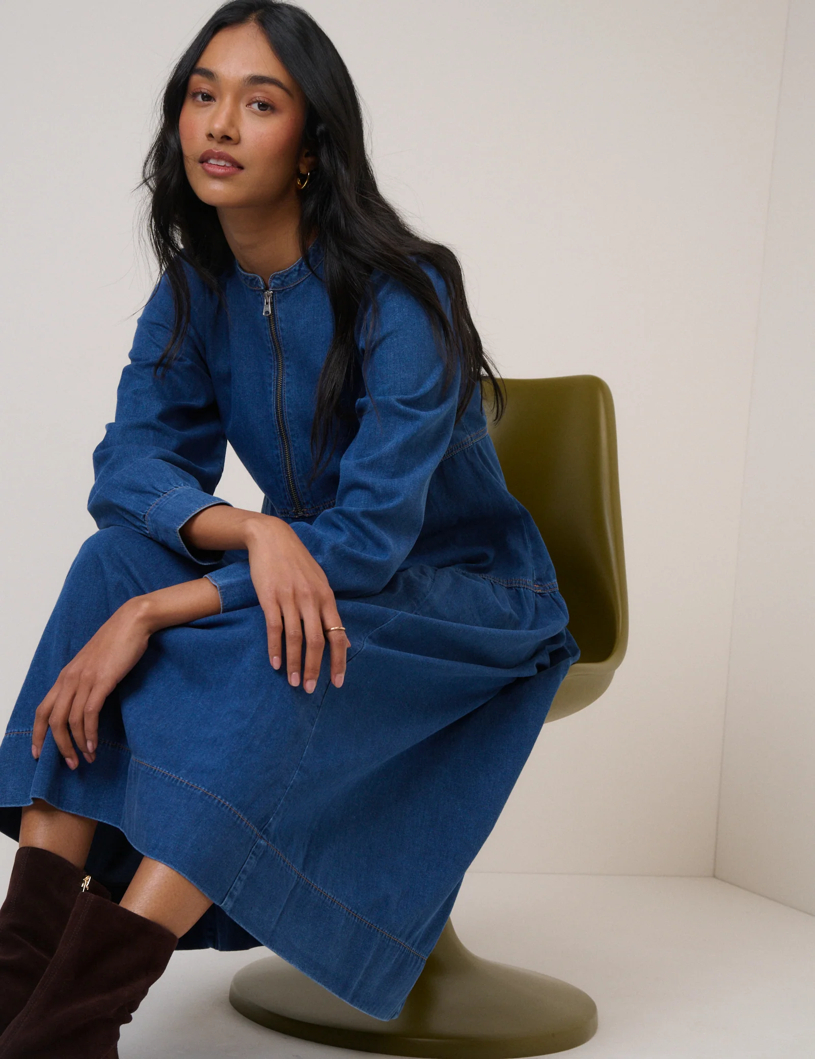 Blue Denim Zip Neck Midi Smock Dress - Image 2