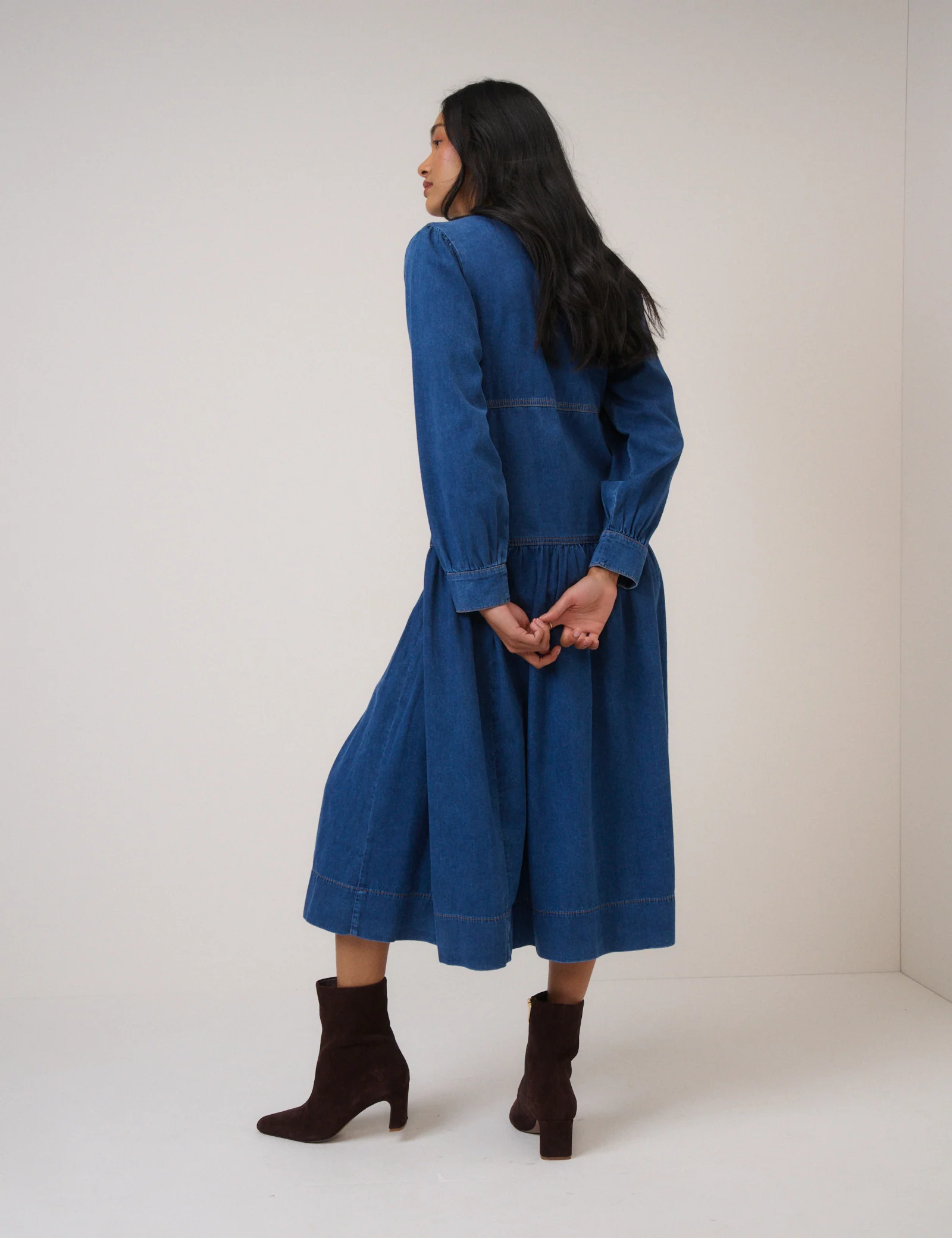 Blue Denim Zip Neck Midi Smock Dress - Image 5