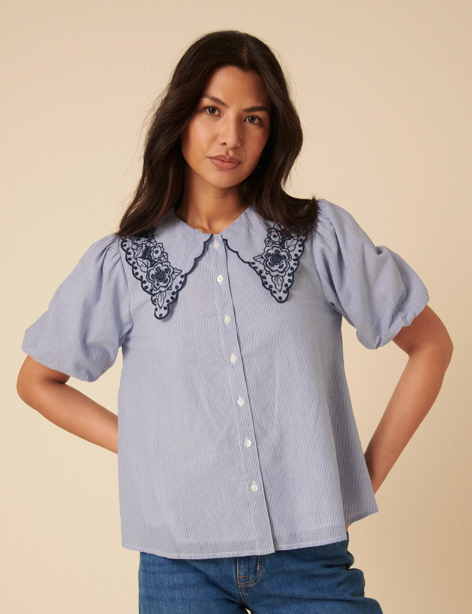 Blue Embroidered Collared Striped Blouse