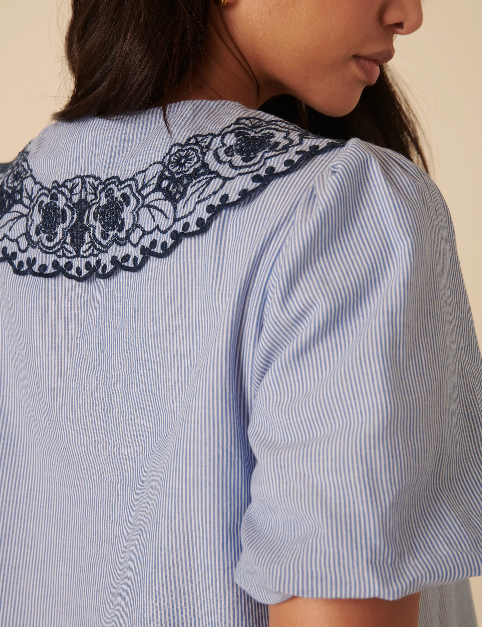 Blue Embroidered Collared Striped Blouse - Image 3