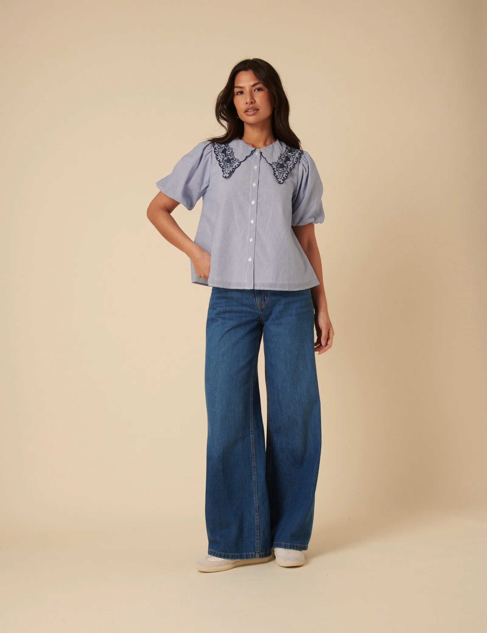 Blue Embroidered Collared Striped Blouse - Image 5