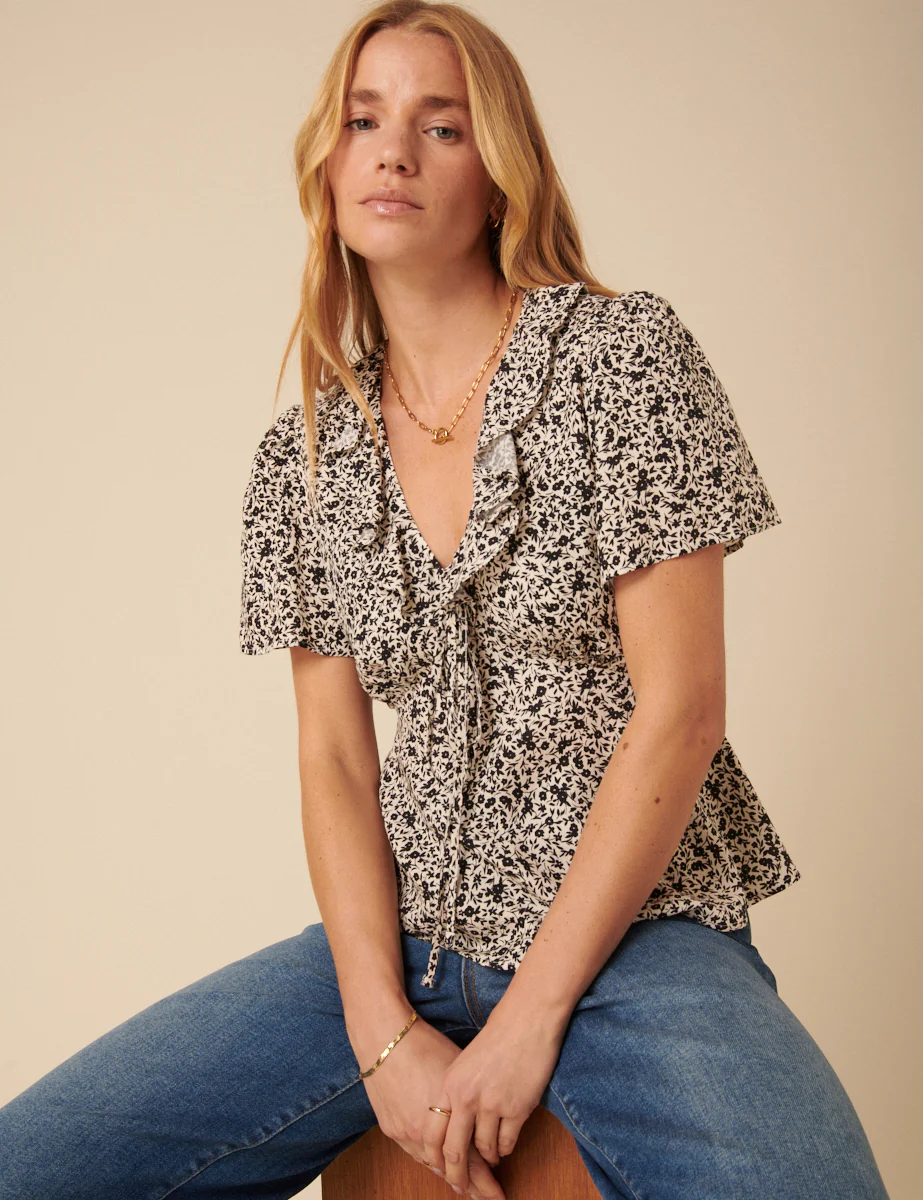 Black Floral Frill Sleeve Top - Image 2