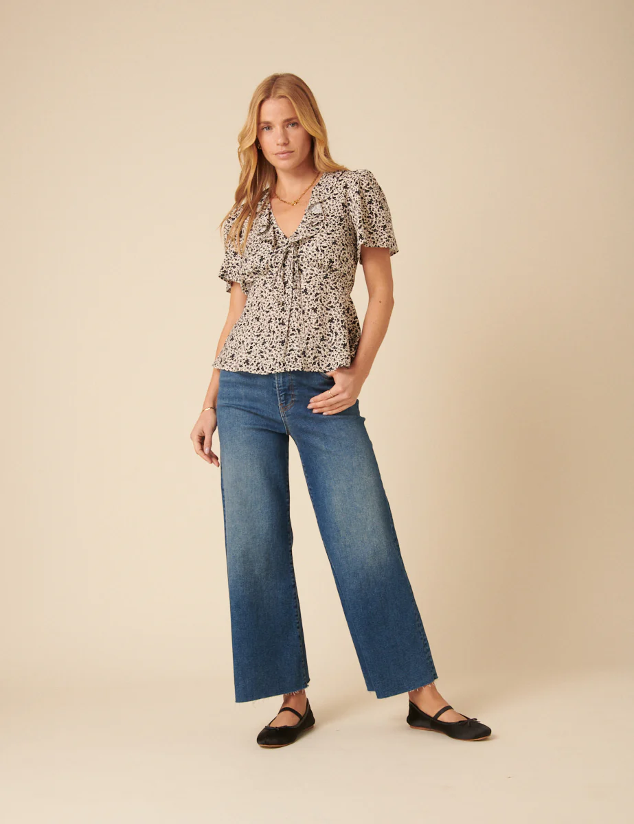Black Floral Frill Sleeve Top - Image 4