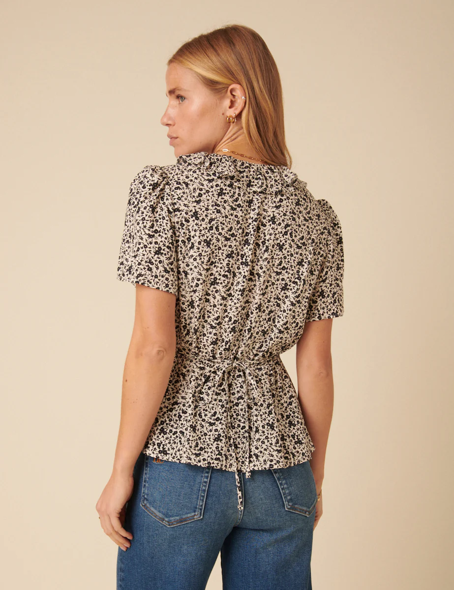 Black Floral Frill Sleeve Top - Image 5