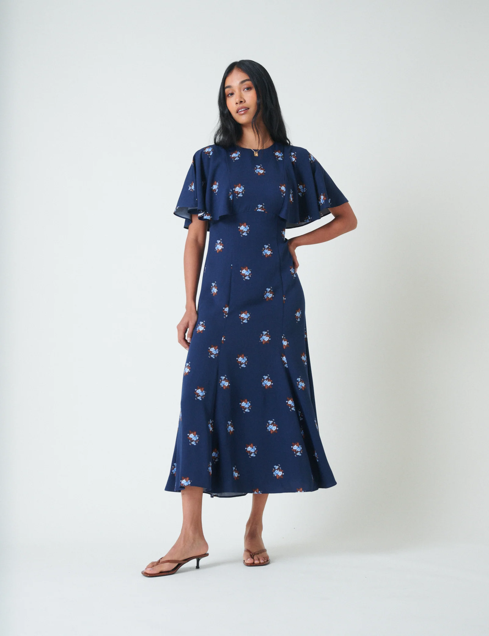 Blue Floral Frill Sleeve Verona Midi Dress - Image 3