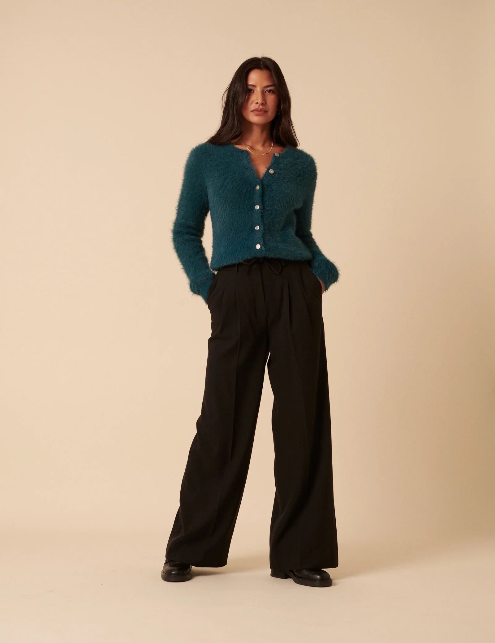 Teal Fluffy Long Sleeve Knitted Cardigan - Image 4