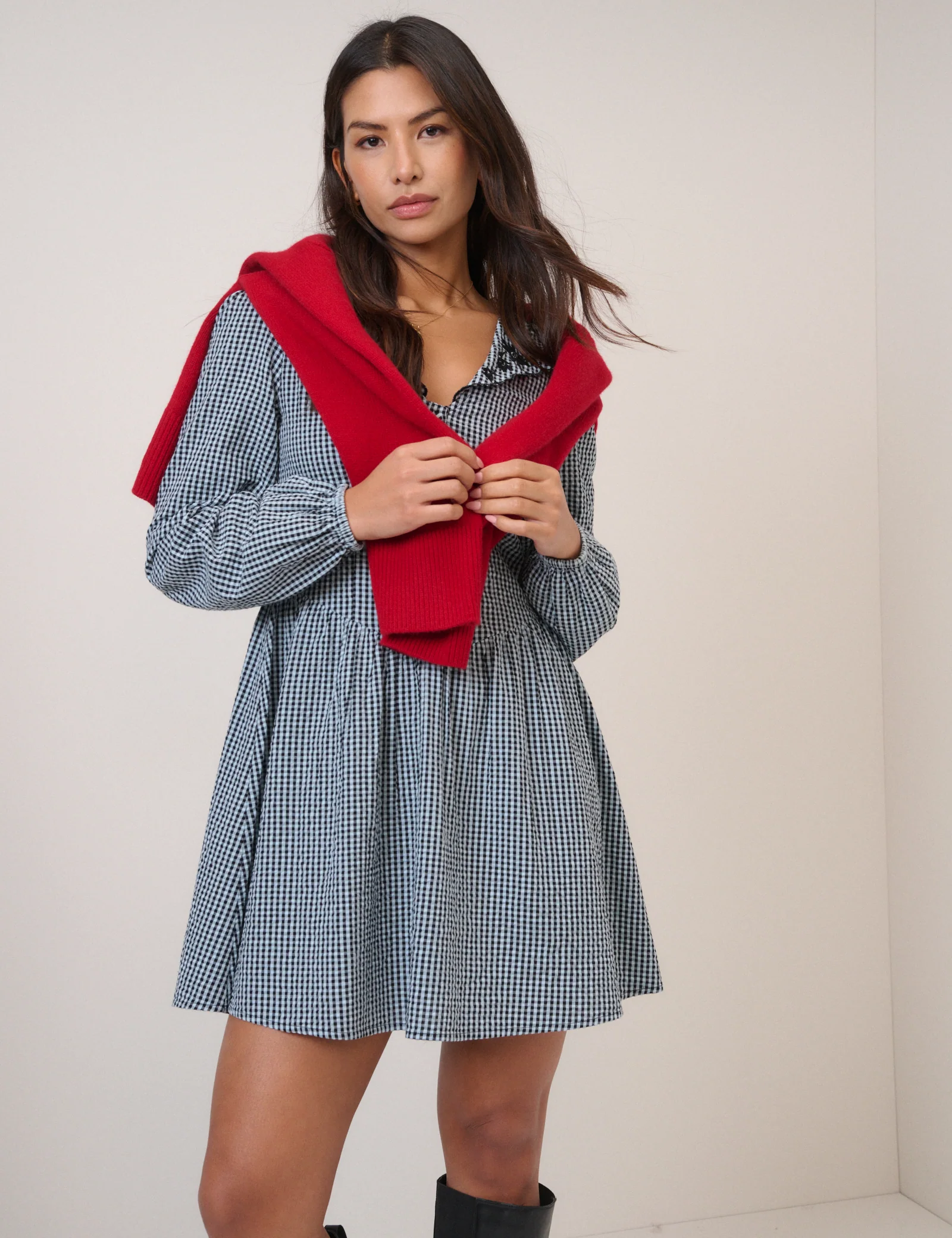 Blue Gingham Balloon Sleeve Mini Dress - Image 3